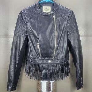 Softy Vegan Black Leather Fringe Biker Jacket Small